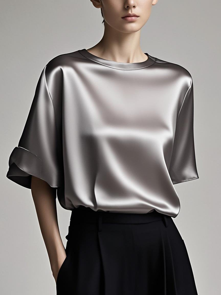 Fitted Red Patchwork Silk Tops Summer