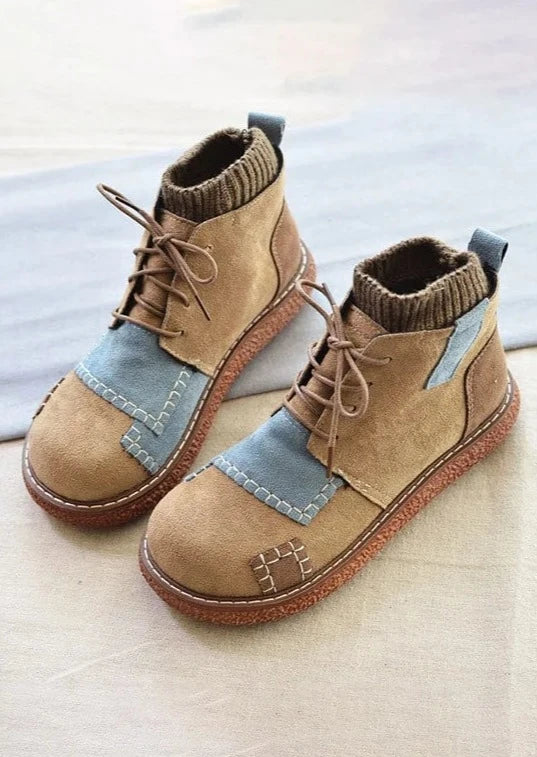 Khaki Stitching Handmade Retro Ankle Boots