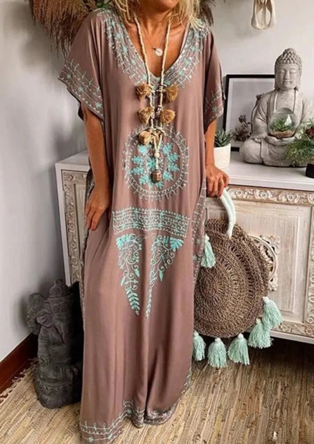 Bohemian V Neck Maxi Dress Short Sleeve