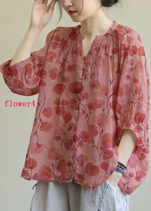 Italian Rose Flower V Neck Button Loose Half Sleeve Blouse Top