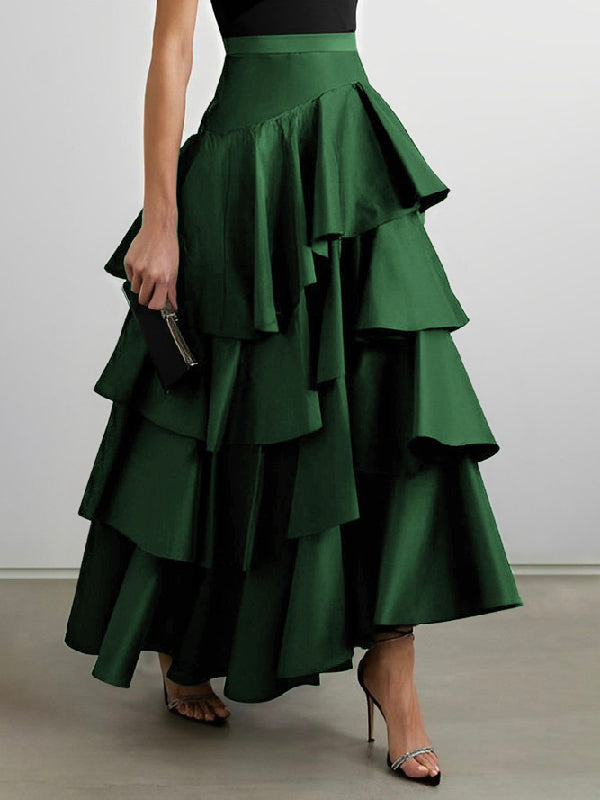 Stylish Selection A-Line High Waist Falbala Solid Color Skirts - Omychic