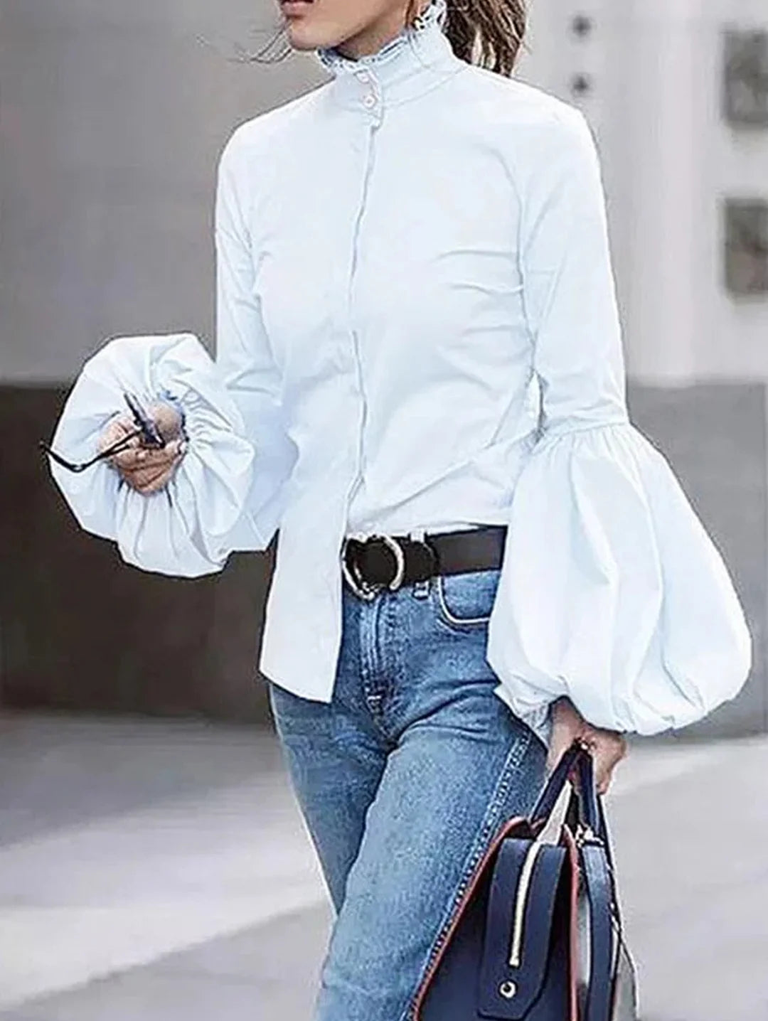 Casual Plain Stand Collar Button Blouse Lantern Sleeve