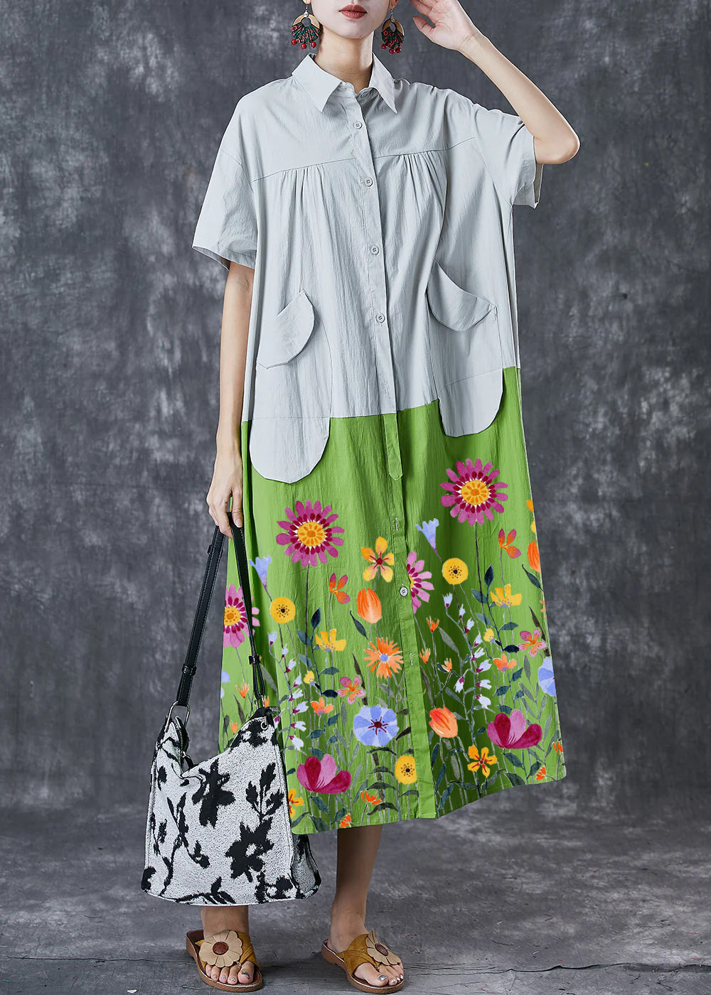 Art Green Oversized Patchwork Pockets Cotton Shirt Dresses Summer