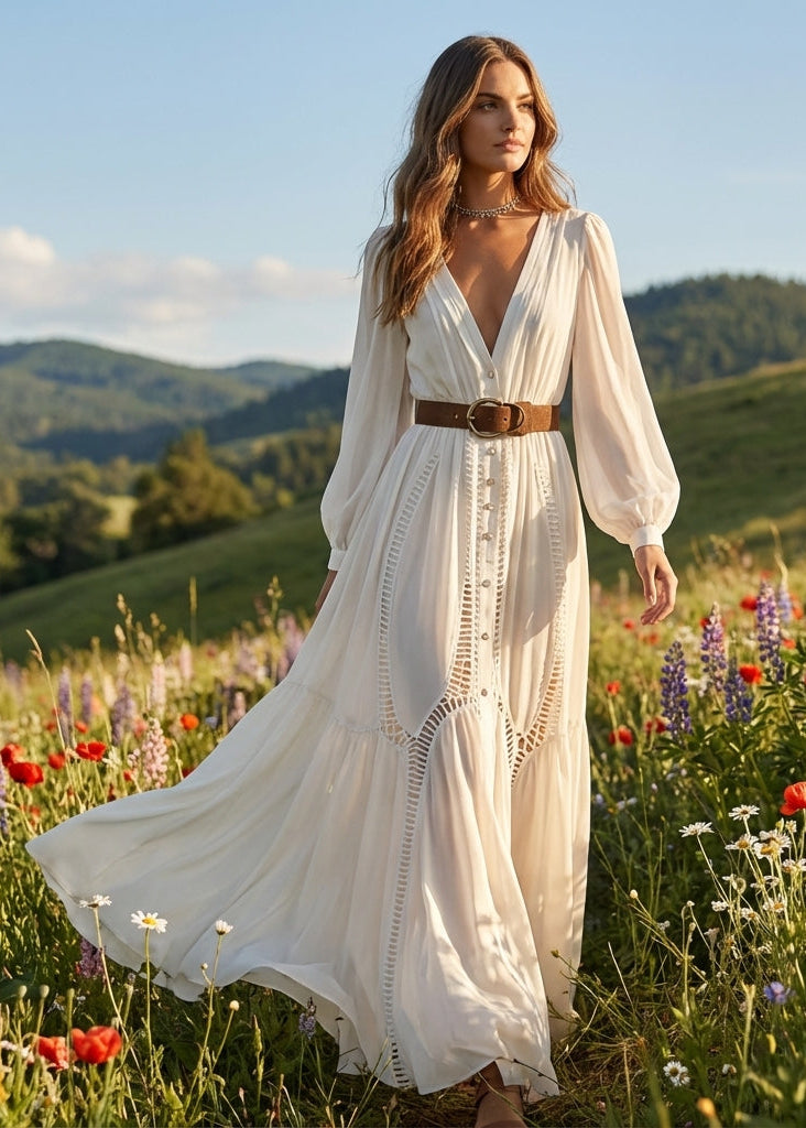 Elegant White Cinched Hollow Out Party Dress Spring