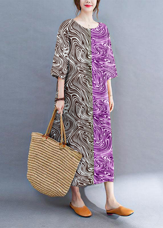 Yellow geometry Block Loose O-Neck Print Summer Side Open Dress Half Sleeve