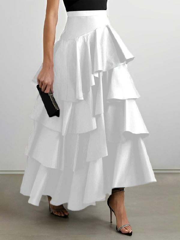 Stylish Selection A-Line High Waist Falbala Solid Color Skirts - Omychic