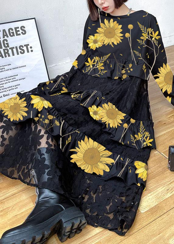 Bohemian Sunflower Pattern Ruffles Pockets Fall Lace Dresses