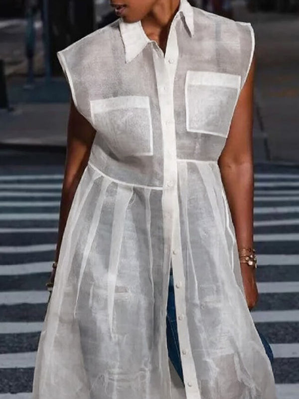 Loose Buttoned Pockets See-Through Split-Joint Transparent Lapel Midi Dresses