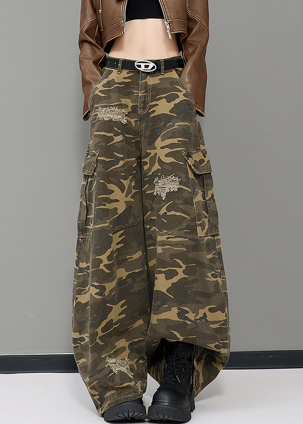 American Style Army Green Camouflage Pockets Denim Wide Leg Pants Fall