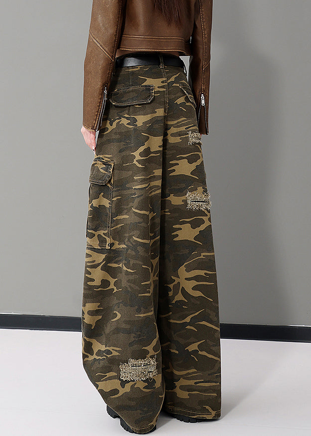 American Style Army Green Camouflage Pockets Denim Wide Leg Pants Fall