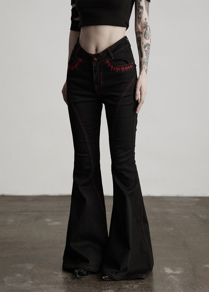 American Style Black Embroidered Pockets Cotton Flared Trousers Fall