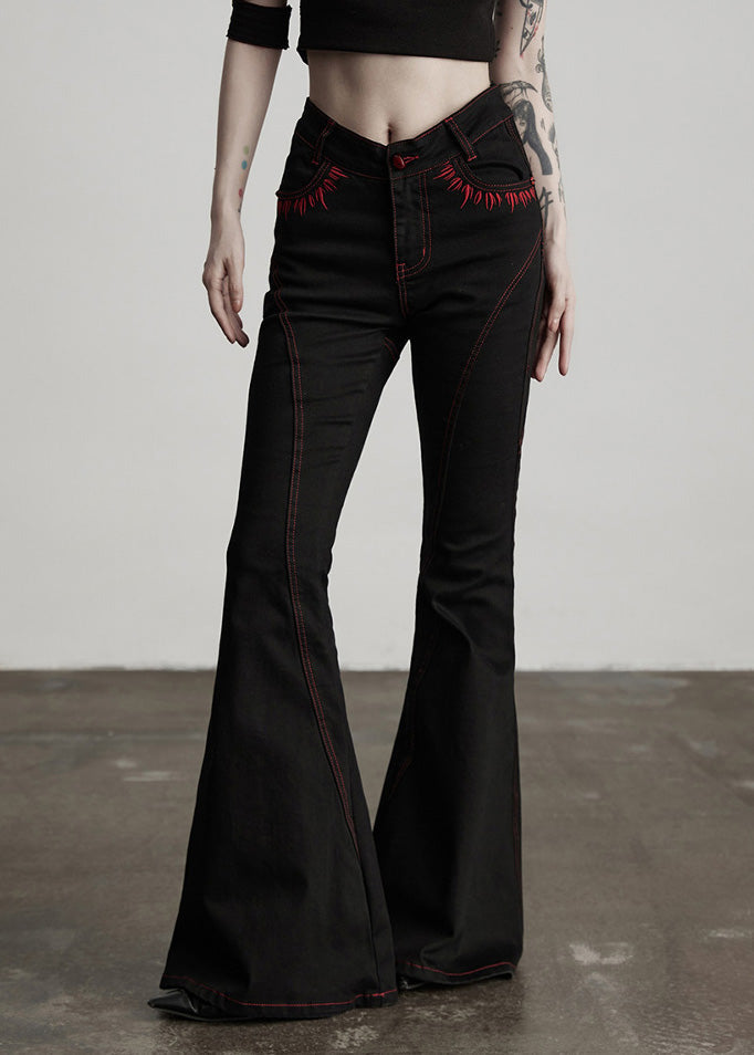 American Style Black Embroidered Pockets Cotton Flared Trousers Fall