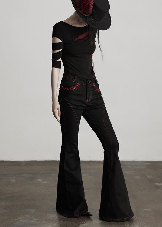 American Style Black Embroidered Pockets Cotton Flared Trousers Fall