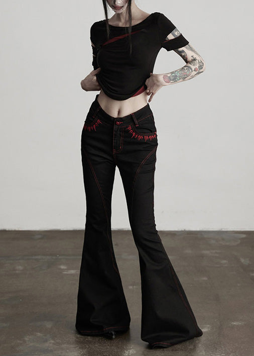 American Style Black Embroidered Pockets Cotton Flared Trousers Fall