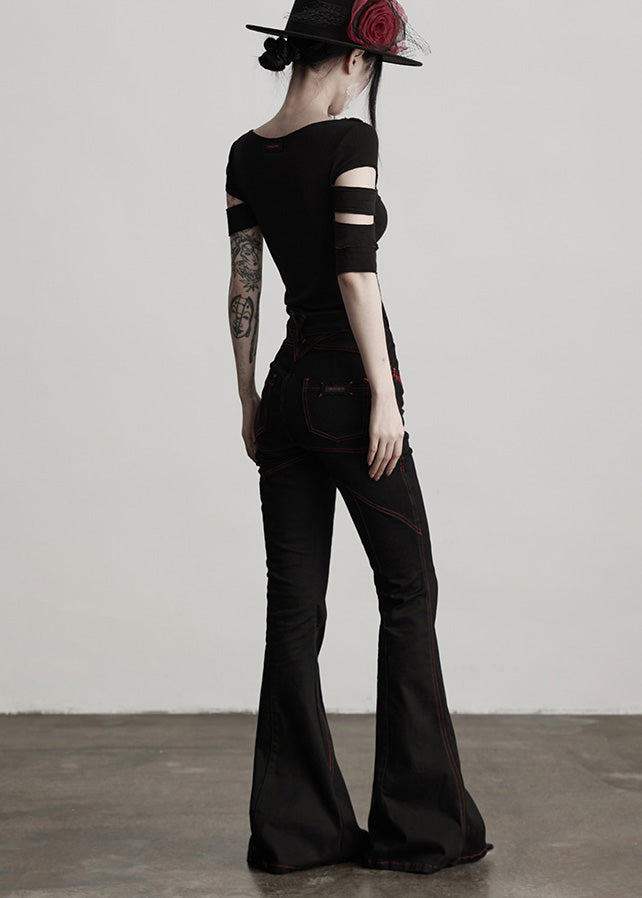 American Style Black Embroidered Pockets Cotton Flared Trousers Fall