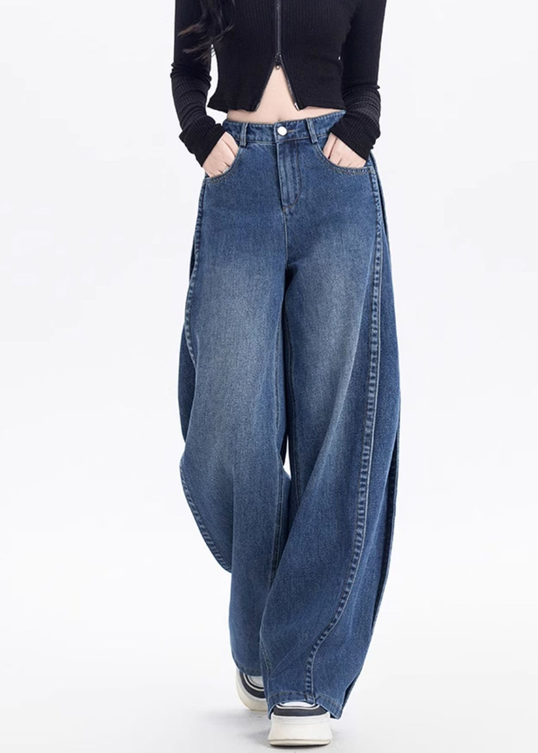 American Style Black Pockets High Waist Denim Pants Spring