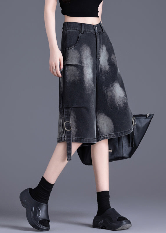 American Style Black Pockets Tie Dye Denim Shorts Summer