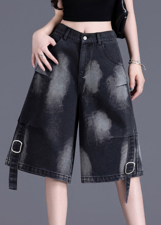 American Style Black Pockets Tie Dye Denim Shorts Summer