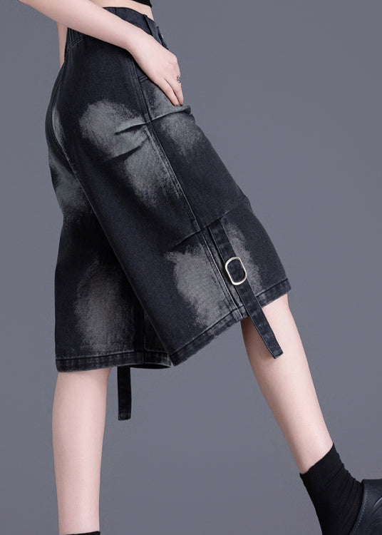 American Style Black Pockets Tie Dye Denim Shorts Summer