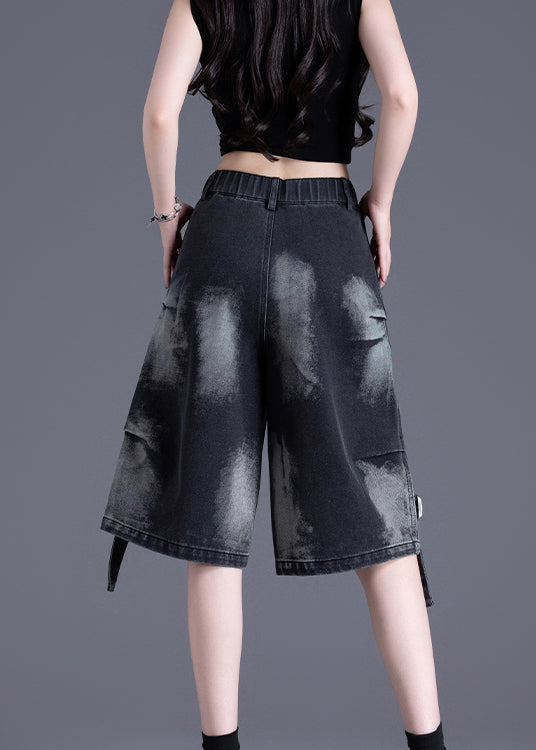 American Style Black Pockets Tie Dye Denim Shorts Summer