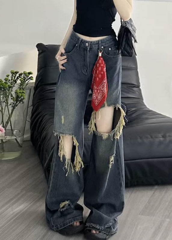 American Style Blue High Waist Ripped Denim Wide Leg Pants Fall