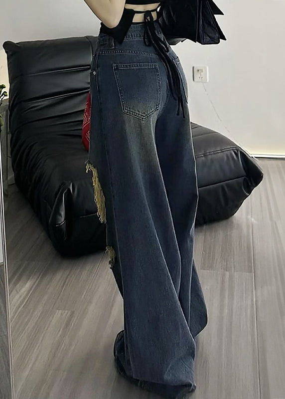 American Style Blue High Waist Ripped Denim Wide Leg Pants Fall