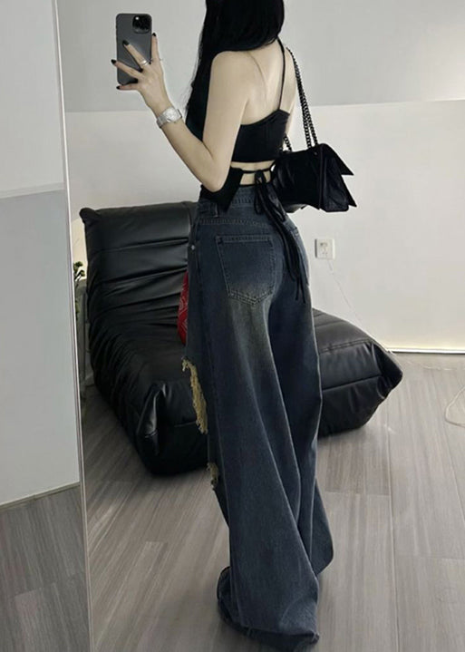 American Style Blue High Waist Ripped Denim Wide Leg Pants Fall