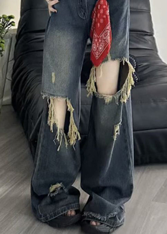 American Style Blue High Waist Ripped Denim Wide Leg Pants Fall