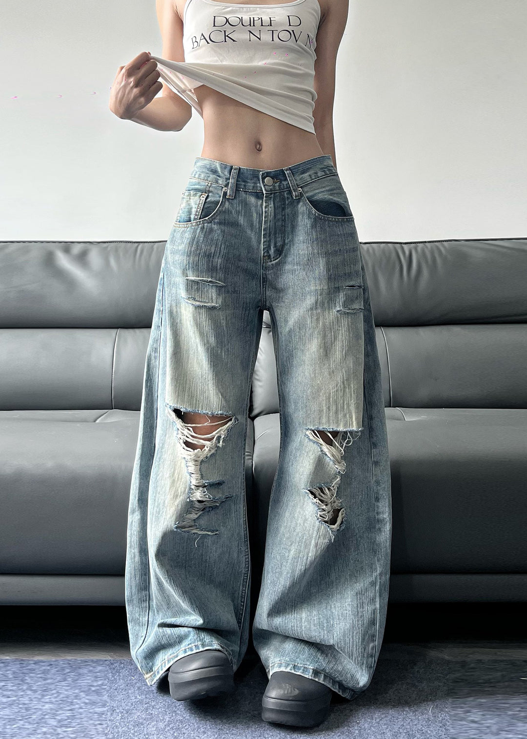 American Style Blue Pockets Denim Ripped Wide Leg Pants Fall