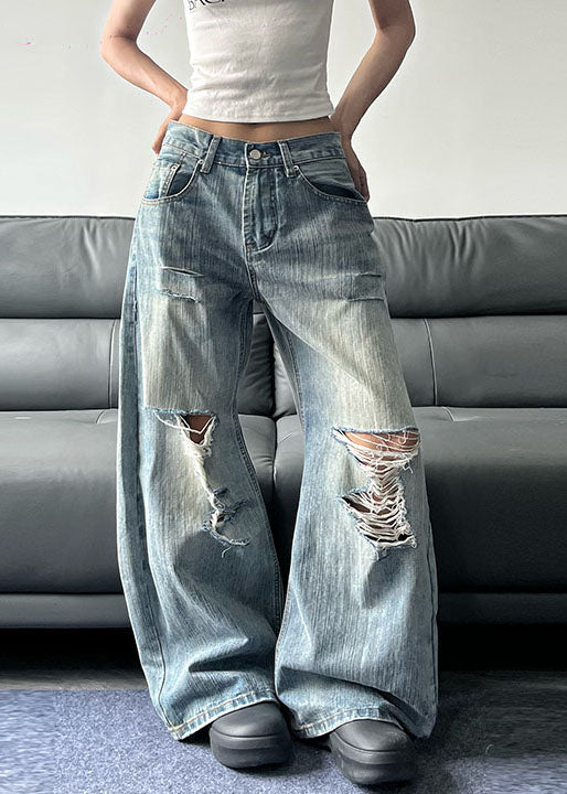 American Style Blue Pockets Denim Ripped Wide Leg Pants Fall
