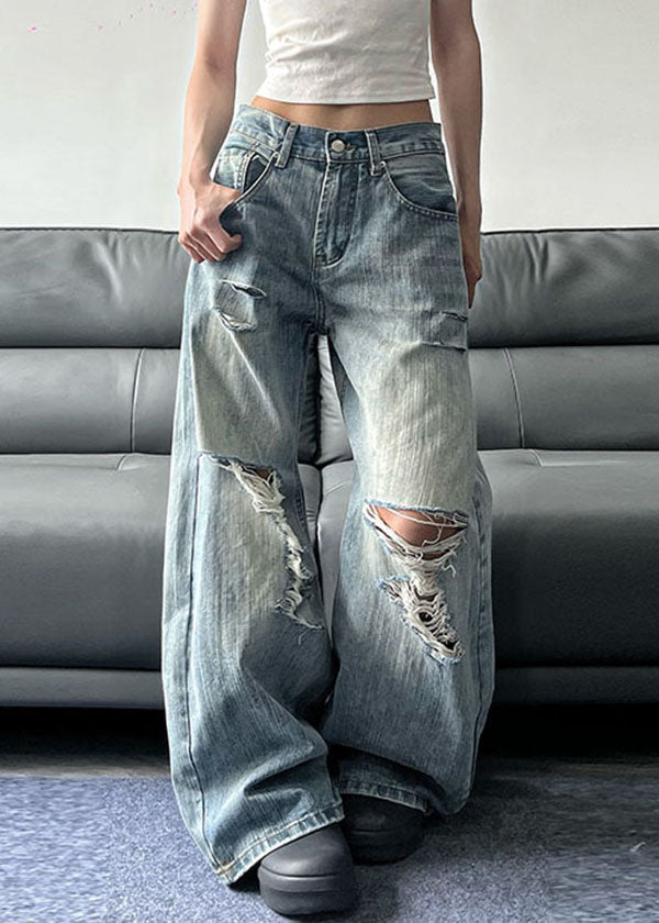 American Style Blue Pockets Denim Ripped Wide Leg Pants Fall