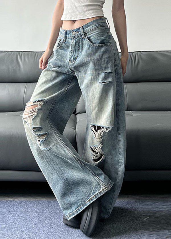 American Style Blue Pockets Denim Ripped Wide Leg Pants Fall