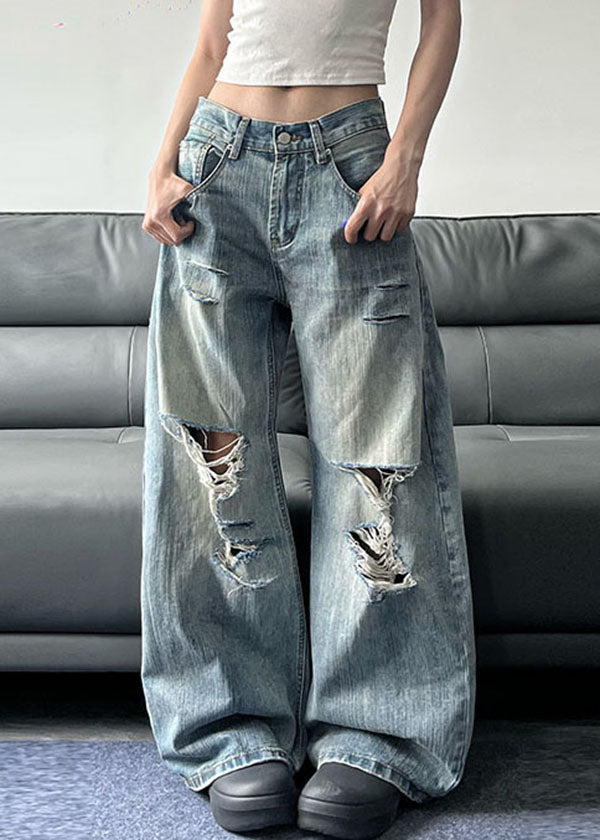 American Style Blue Pockets Denim Ripped Wide Leg Pants Fall