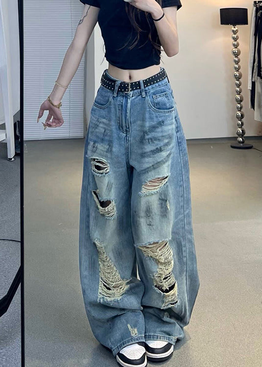 American Style Blue Pockets Ripped Jeans Fall