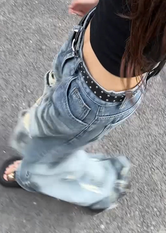 American Style Blue Pockets Ripped Jeans Fall