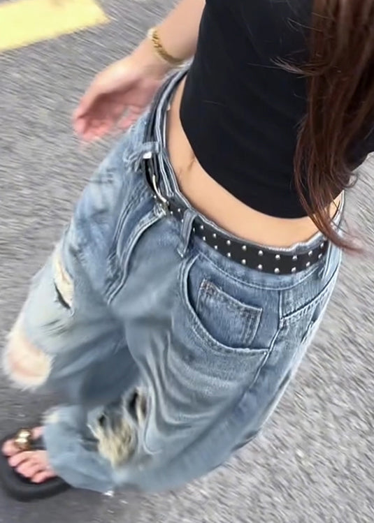 American Style Blue Pockets Ripped Jeans Fall