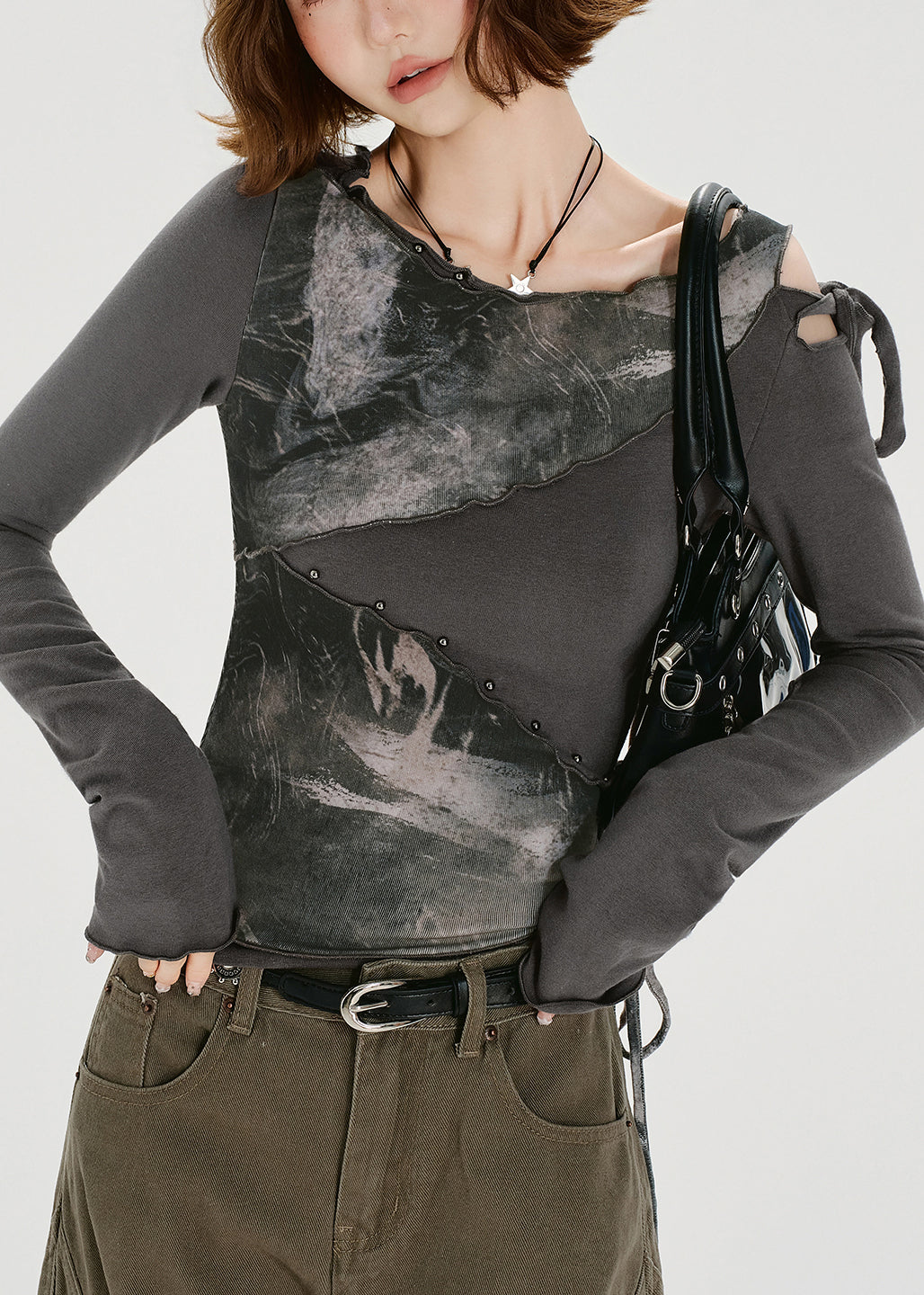 American Style Grey False Two Pieces Patchwork Cotton T Shirt Fall