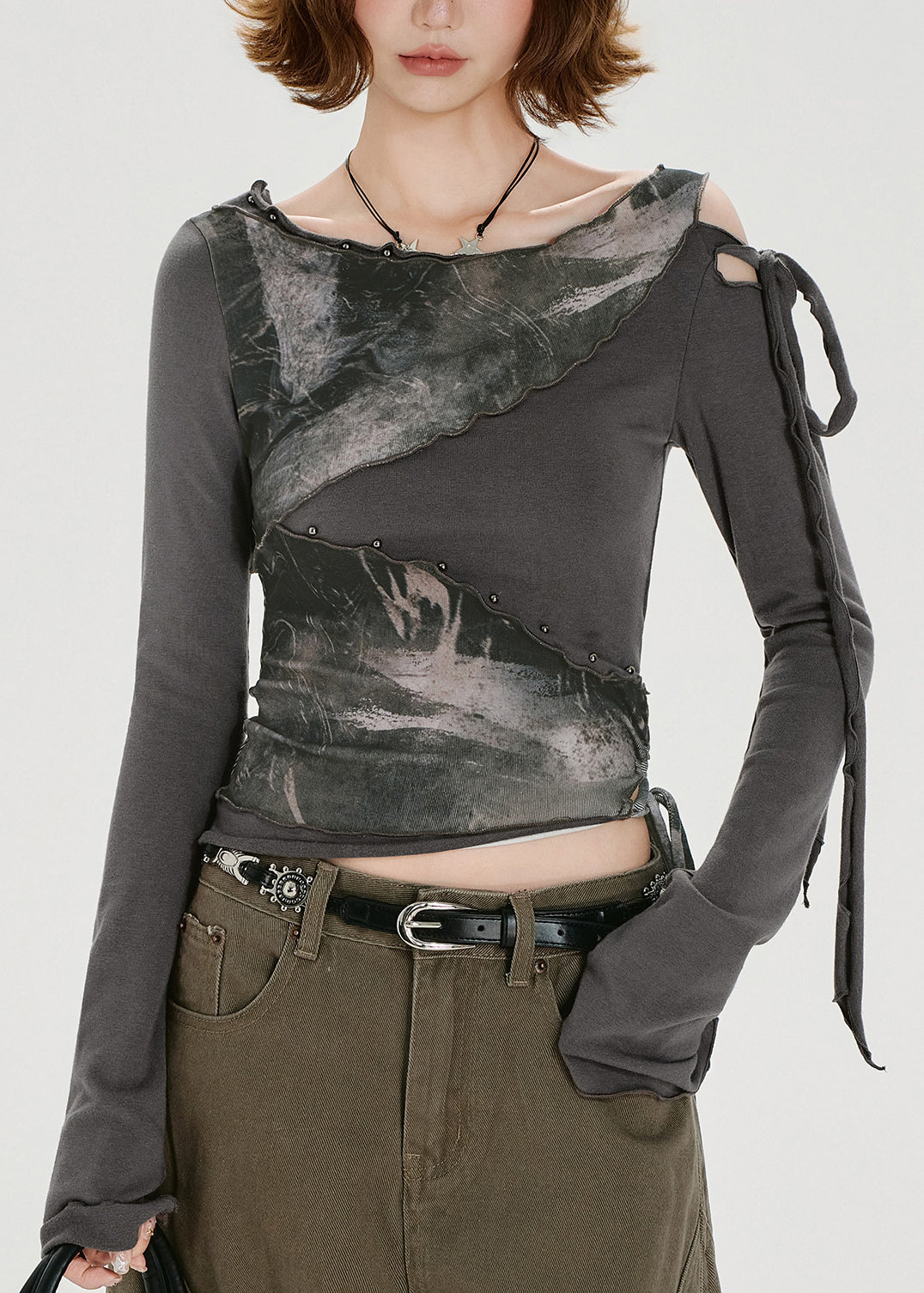 American Style Grey False Two Pieces Patchwork Cotton T Shirt Fall