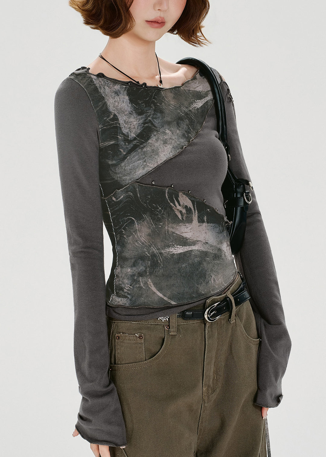 American Style Grey False Two Pieces Patchwork Cotton T Shirt Fall