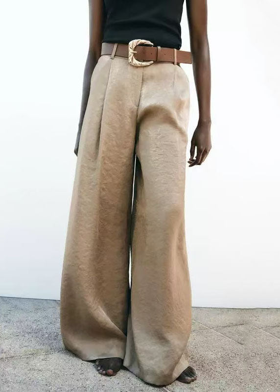 American Style Light Brown High Waist Silk Wide Leg Pants Summer