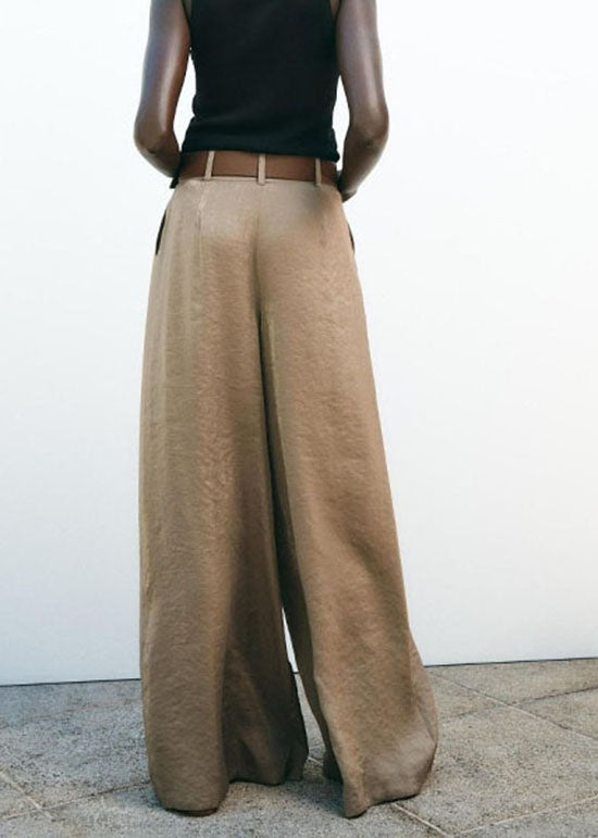 American Style Light Brown High Waist Silk Wide Leg Pants Summer