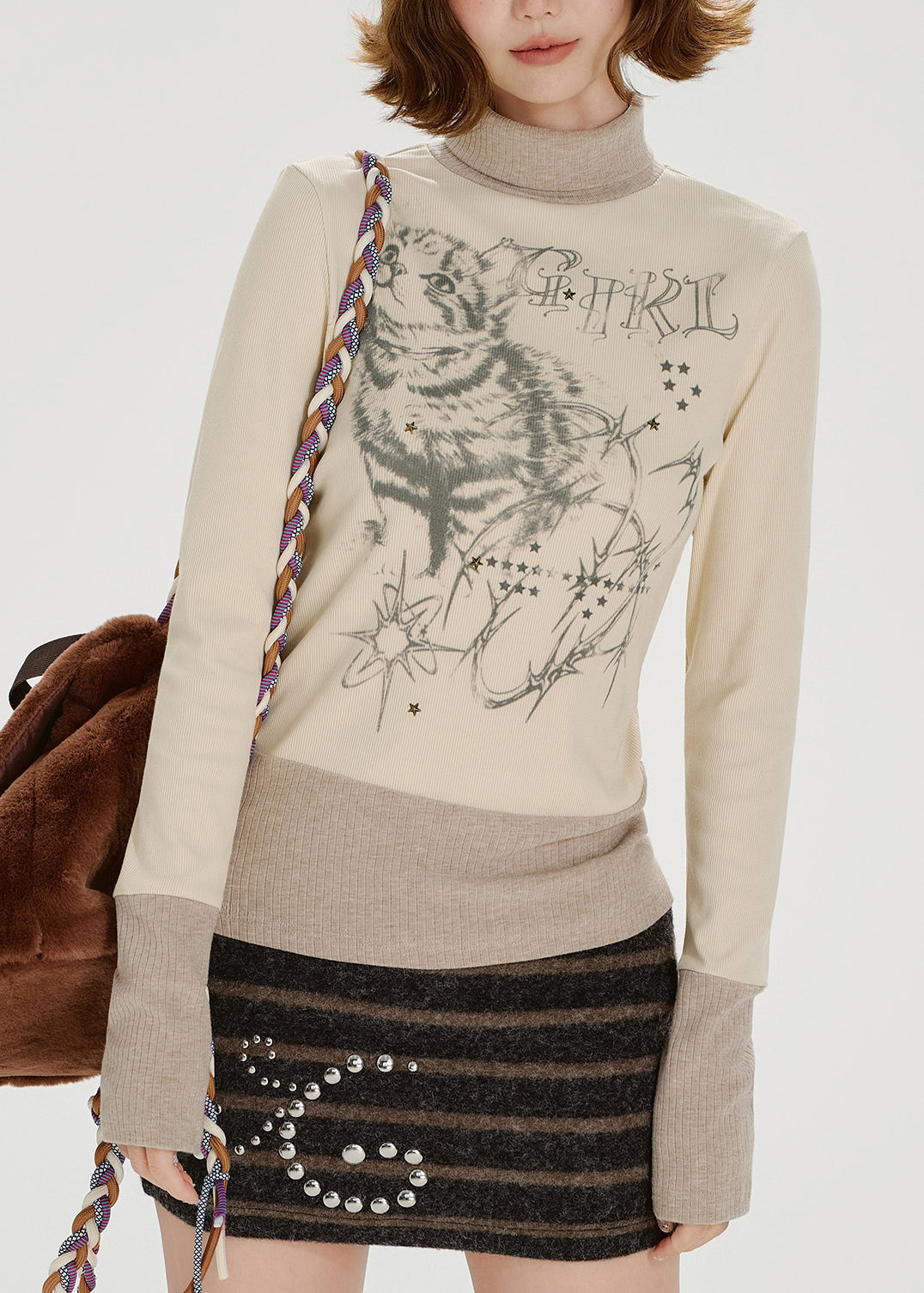 American Style Print Zircon High Neck Long Sleeved T-Shirt