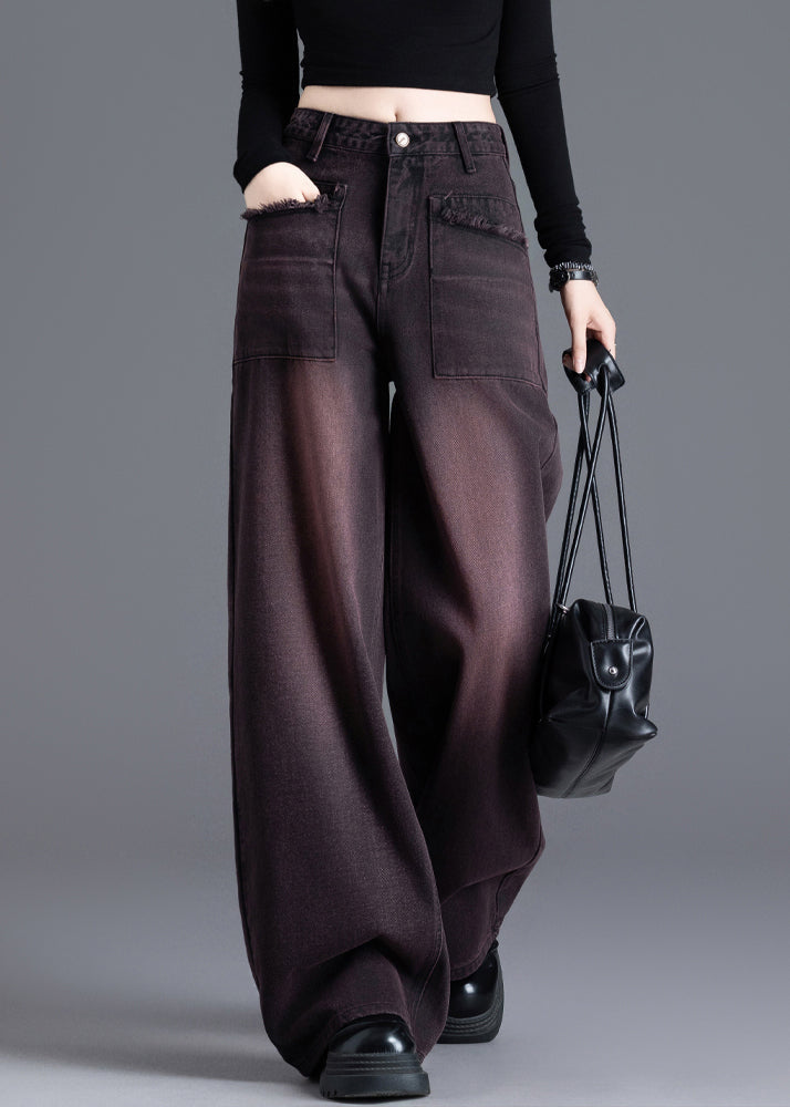 American Style Red Black High Waisted Warm Fleece Denim Wide Leg Pants Winter