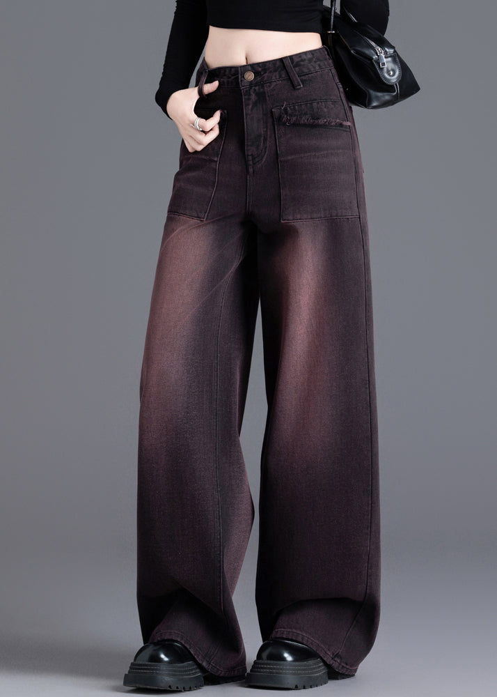 American Style Red Black High Waisted Warm Fleece Denim Wide Leg Pants Winter