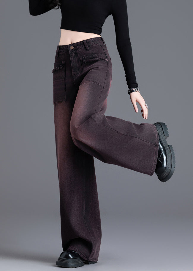 American Style Red Black High Waisted Warm Fleece Denim Wide Leg Pants Winter