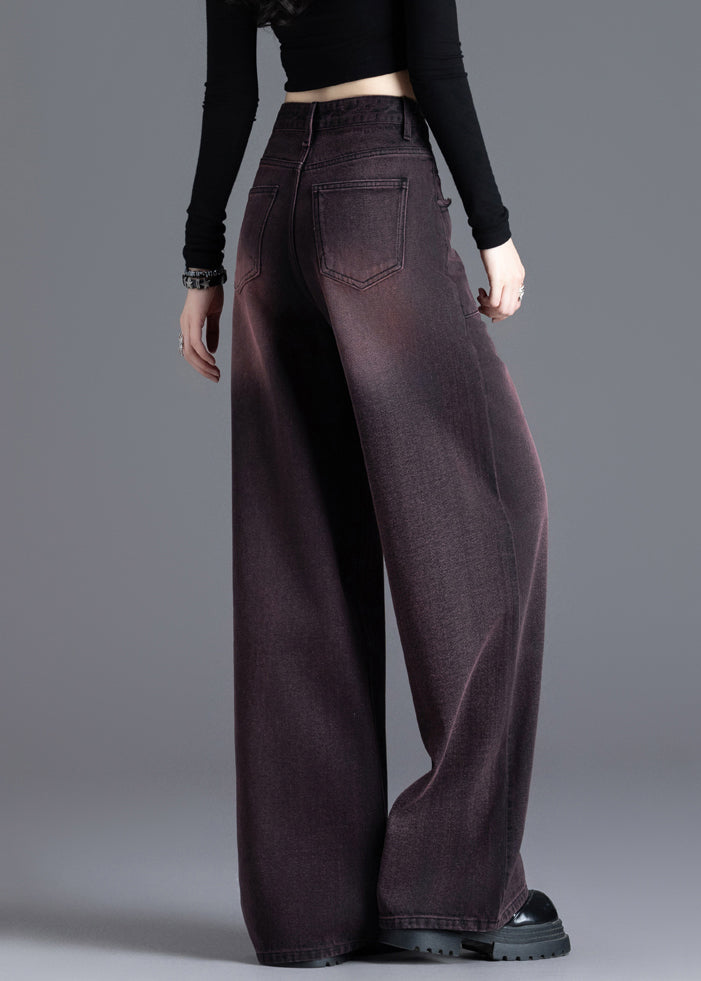 American Style Red Black High Waisted Warm Fleece Denim Wide Leg Pants Winter