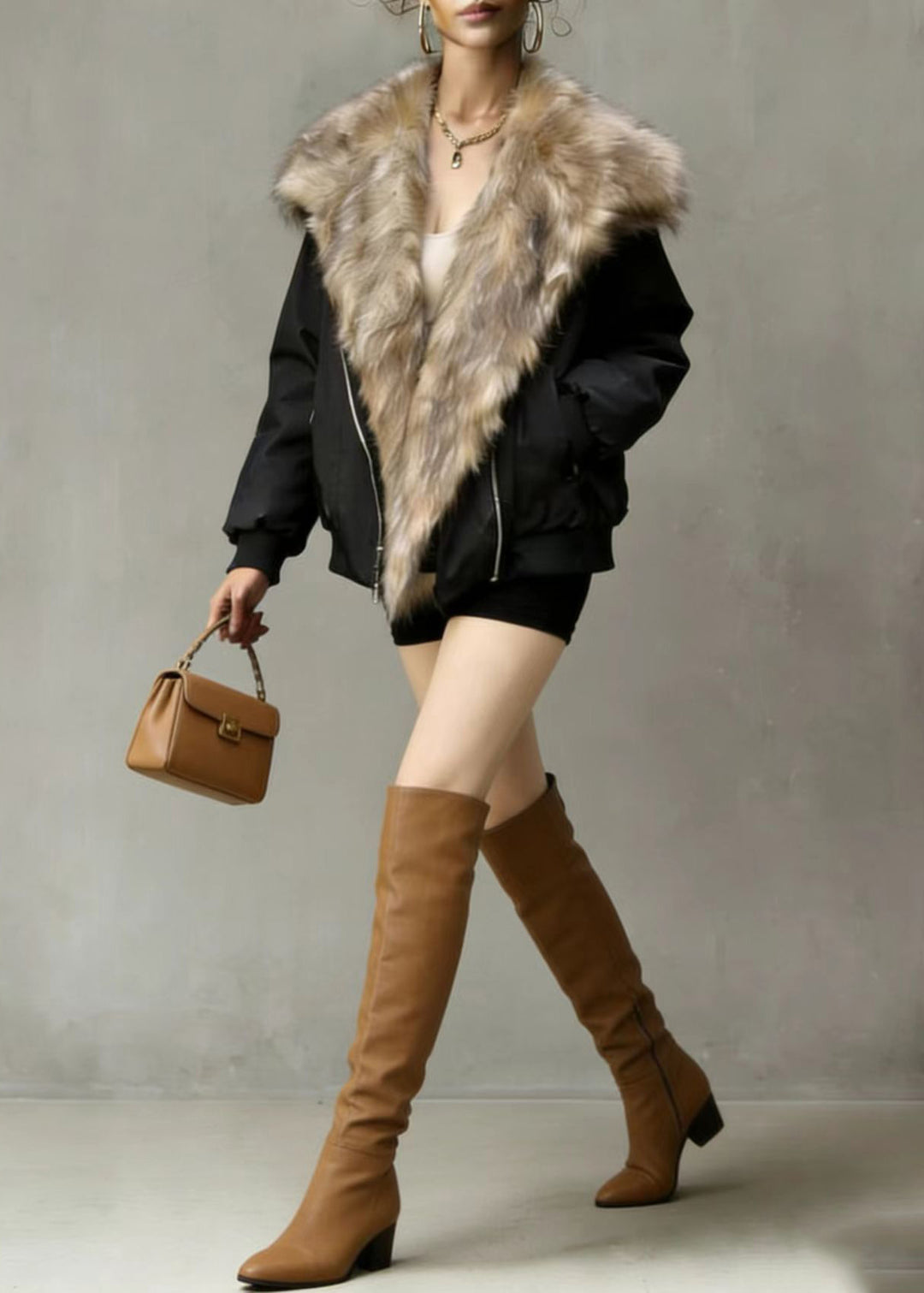 American Style Streetwear Fuzzy Fur Patchwork Fine Cotton Filled Coat Winter