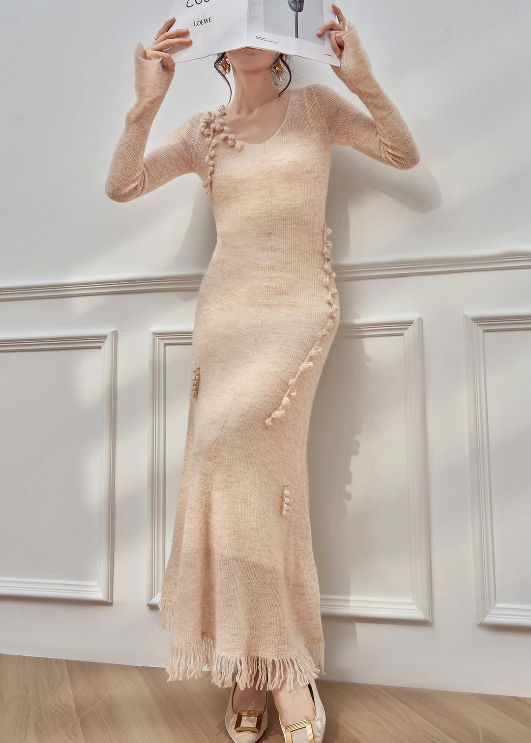 Apricot Asymmetrical High Waist Knit Long Dresses V Neck Winter