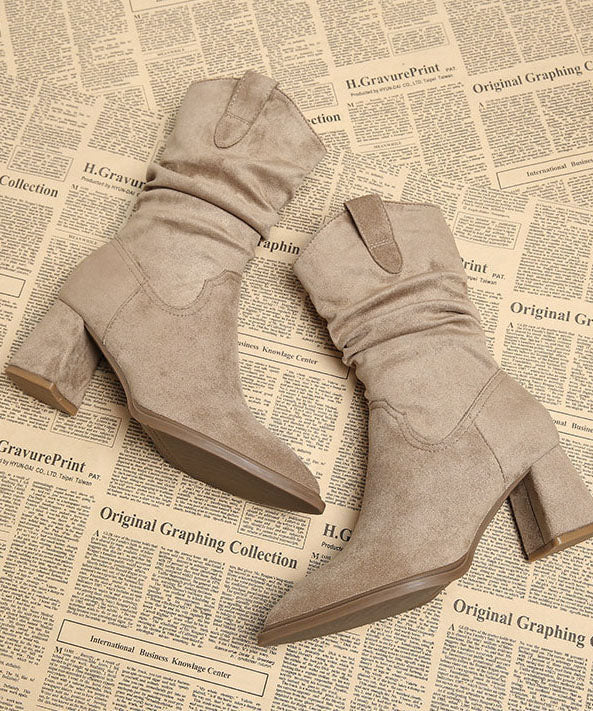 Apricot Boots Chunky Faux Leather Chic Pointed Toe Boots