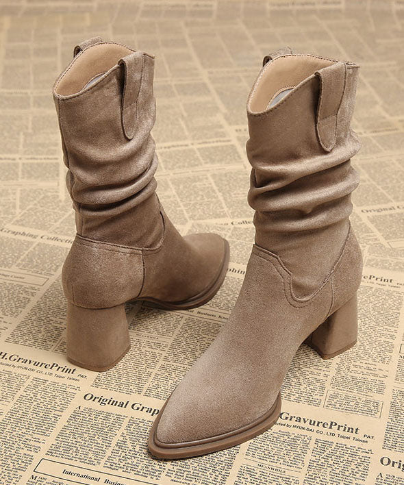 Apricot Boots Chunky Faux Leather Chic Pointed Toe Boots